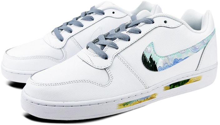 【定制球鞋】Nike EBERNON Low 是在玩鞋 麥田與柏樹 梵高 藝術 油畫 塗鴉 低幫 板鞋 女款 白黃綠 Lookbook 【定制球鞋】Nike EBERNON Low 是在玩鞋 麥田與柏樹 梵高 藝術 油畫 塗鴉 低幫 板鞋 女款 白黃綠