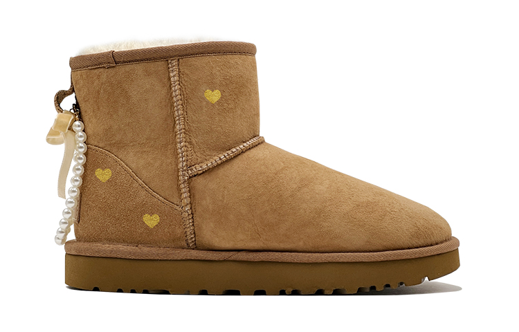 Order 【訂製球鞋】UGG CLASSIC MINI 羊皮 舒適休閒 珍珠蝴蝶結 小愛心 低筒 雪地靴 女款 栗色