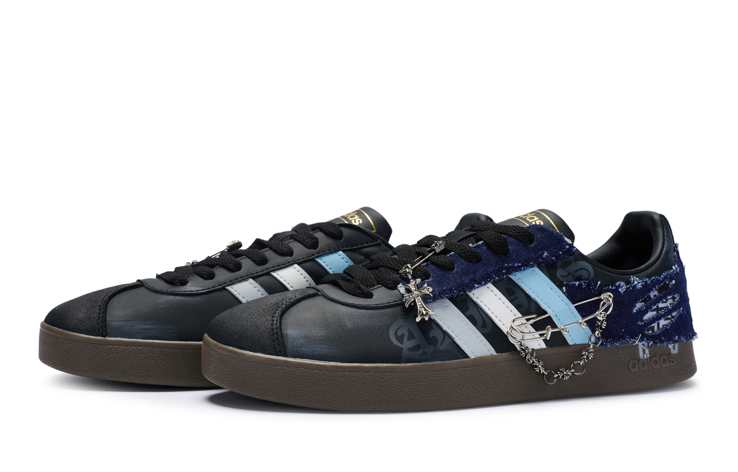 Shop [Sepatu Custom] adidas Neo VL Court 811 'Cross Heart Denim Patch Hitam Biru Putih Abu' ID6017(Team80-男女同款信仰不灭)
