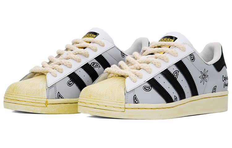 Lookbook 【客製化球鞋】adidas originals Superstar 腰果花 百搭 做舊 麻繩鞋帶 塗鴉 街頭 休閒 低筒 板鞋 男女同款 黑白灰