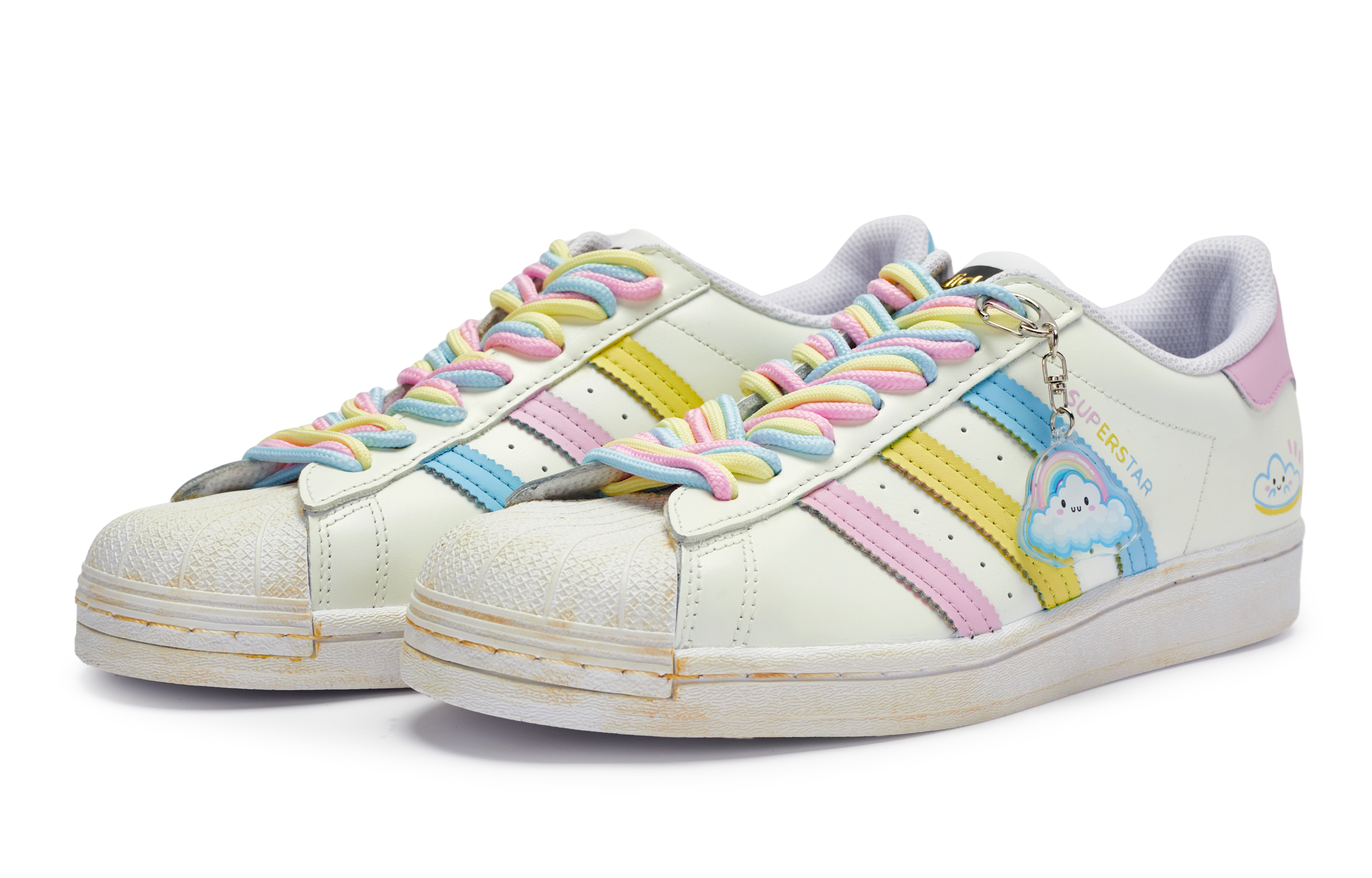 Shop 【客製球鞋】adidas originals Superstar 牛角尖 扭扭彩虹 雲朵 舒適 低筒 板鞋 男女款 白粉藍黃