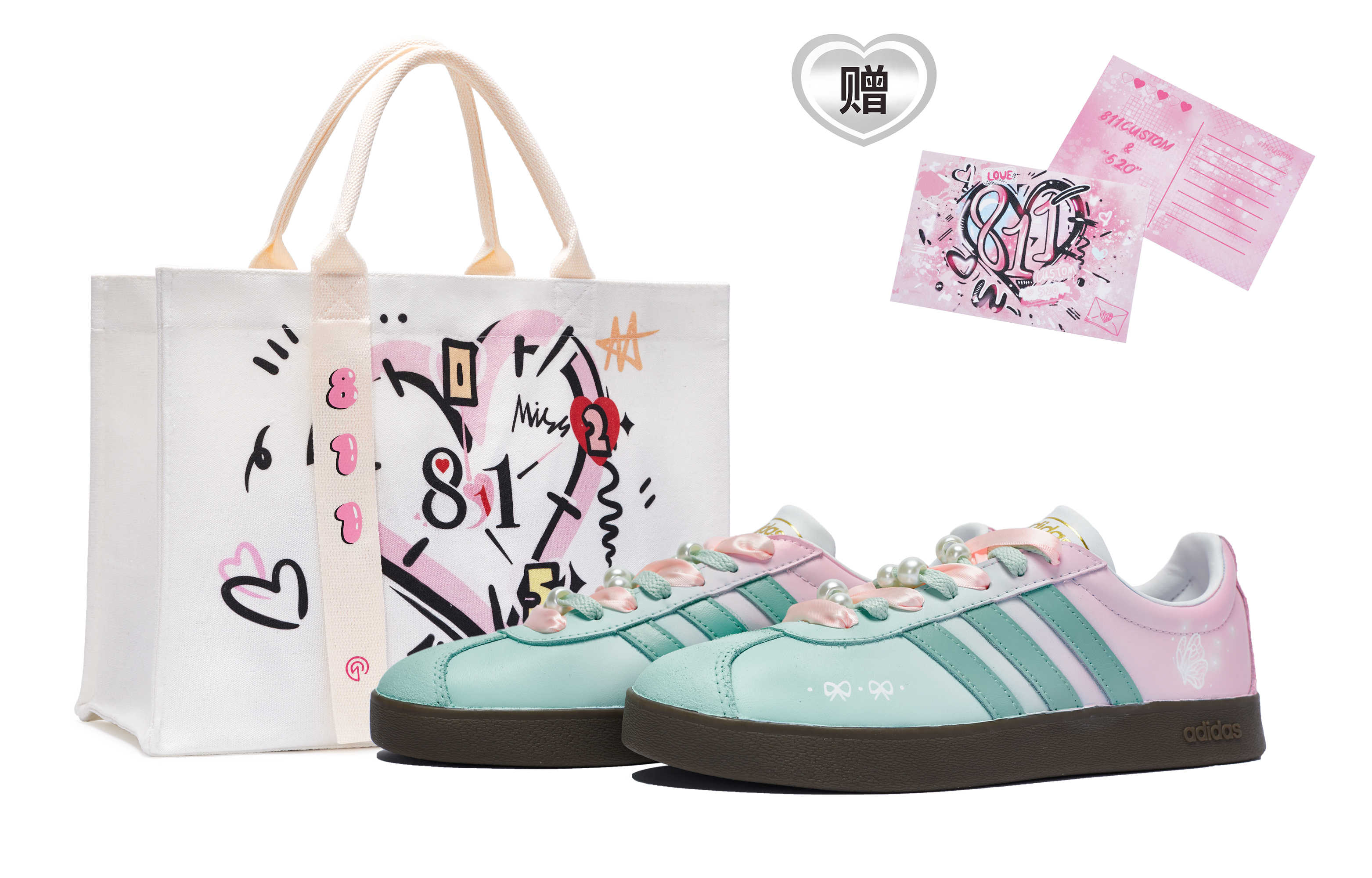 Buy [Sepatu Kustom] adidas dengan Cinta x neo Vl Court 811 'Mint Mambo - Hijau Merah Muda' ID6015(Team80-男女同款蝴蝶恋人S-BOX)