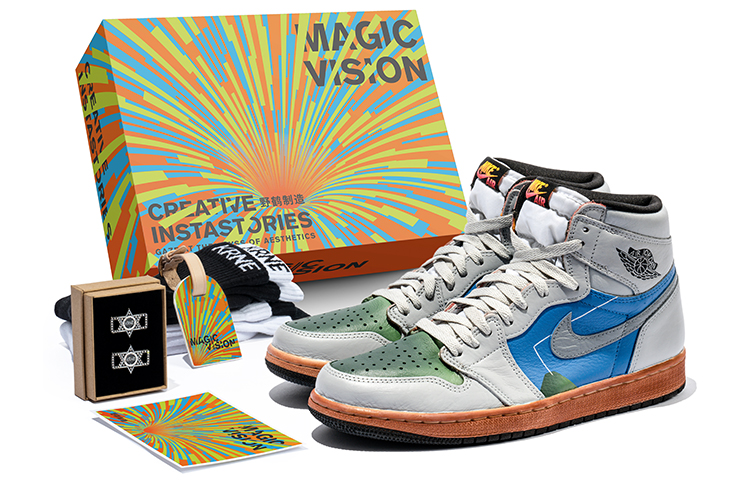 Buy 【訂製球鞋】Jordan Air Jordan 1 High 野鶴製造 藝術抽象主題 復古風 做舊鞋底 送禮 高幫 復古籃球鞋 男女同款 白藍