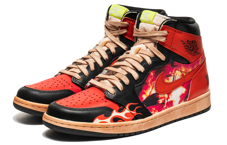 Shop [Kasut Custom] Air Jordan 1 High OG 'Flame Theme Distressed Sole Hitam Merah' 555088-702(TeamB-专辑火焰黑红O-BOX)