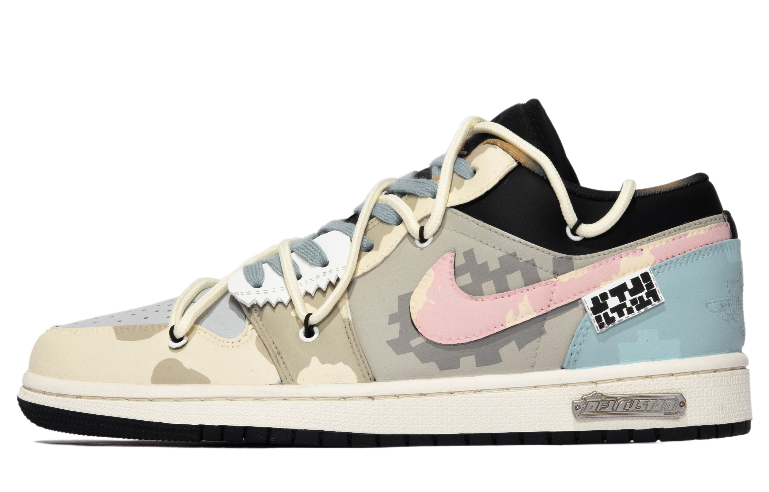 Buy [Sepatu Kustom] Air Jordan 1 Low 'Hitam Putih Merah Muda Mozaik' DQ8422-001(TeamM-男款马赛克S-BOX)