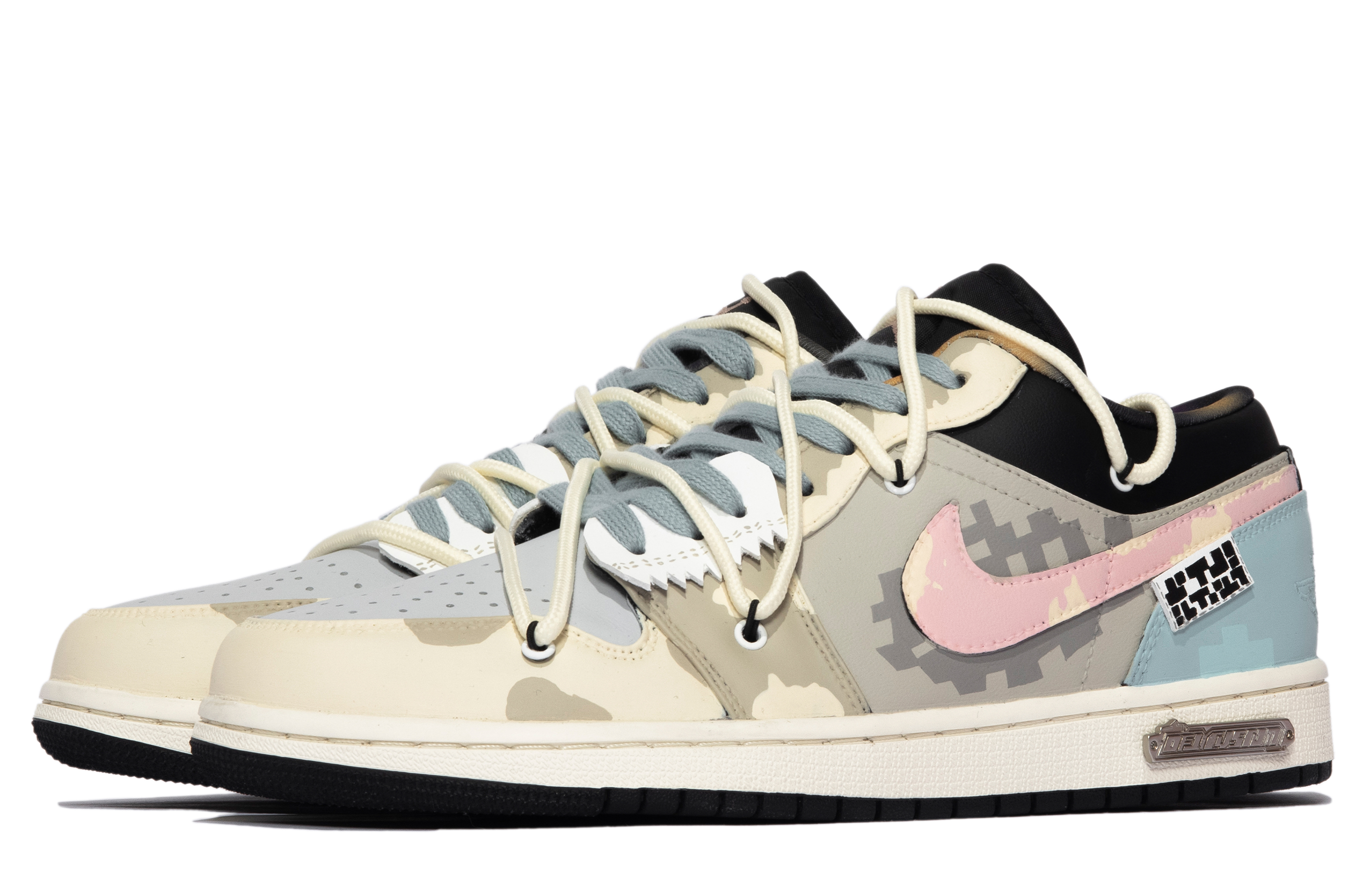 Lookbook [Sepatu Kustom] Air Jordan 1 Low 'Hitam Putih Merah Muda Mozaik' DQ8422-001(TeamM-男款马赛克S-BOX)