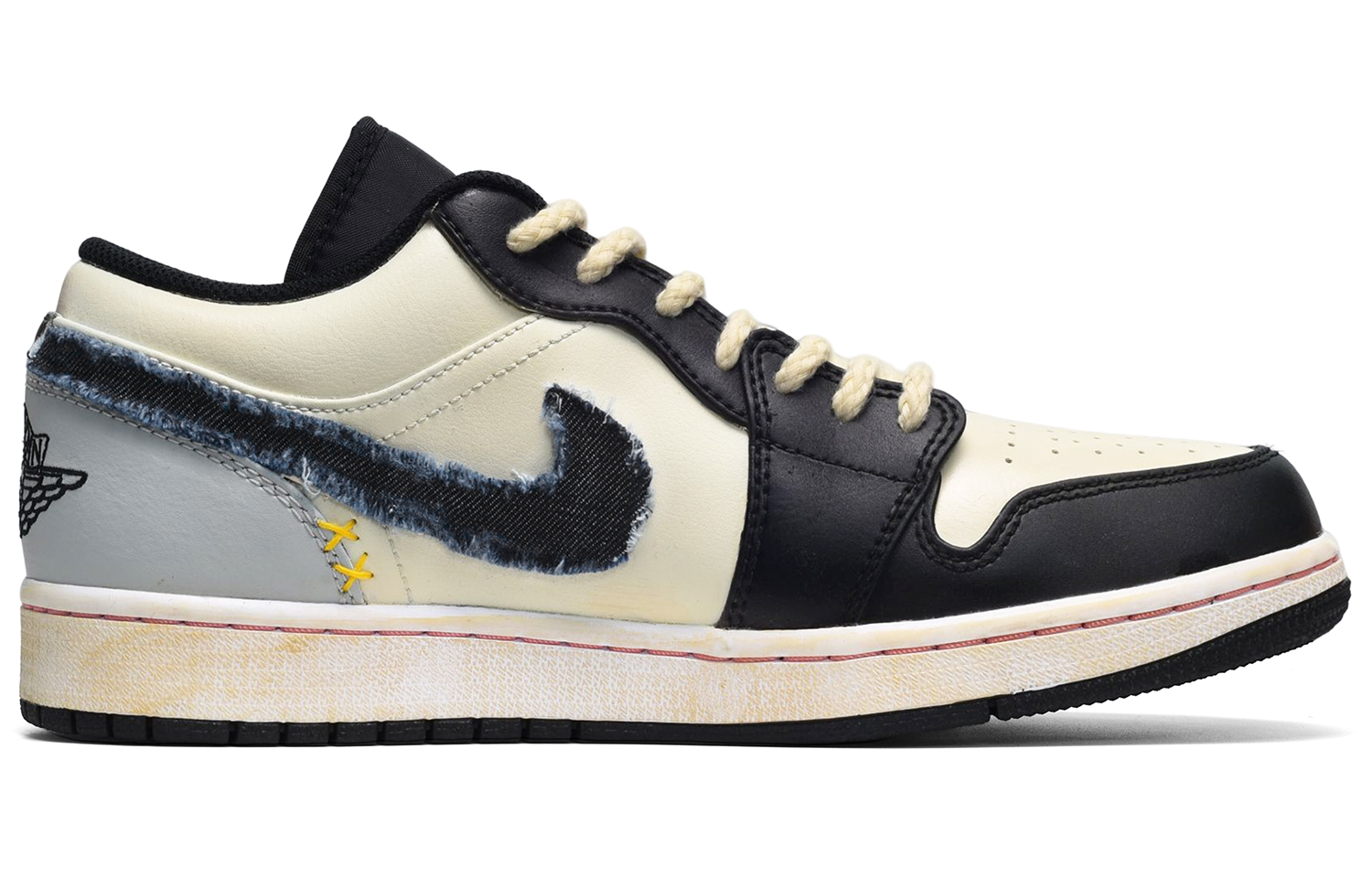 Order [Kasut Kustom] Air Jordan 1 Low 'Hitam Kuning Kelabu Denim' 553558-062(TeamE-男款做旧肌理黑蓝灰)