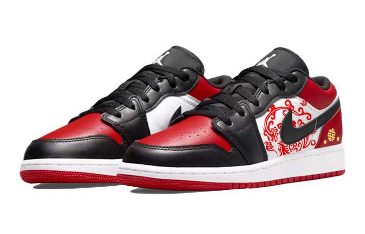 Lookbook 【訂製球鞋】 Jordan Air Jordan 1 百年好合 龍鳳呈祥 潮流婚鞋 耐磨防滑 低筒 復古籃球鞋 GS 黑紅