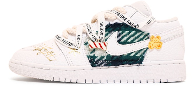 【定製球鞋】 Jordan Air Jordan 1 Low 聖誕 平跟系帶解構 高街 格子縫布噴繪塗鴉 低筒 復古籃球鞋 GS 白綠 Buy 【定製球鞋】 Jordan Air Jordan 1 Low 聖誕 平跟系帶解構 高街 格子縫布噴繪塗鴉 低筒 復古籃球鞋 GS 白綠