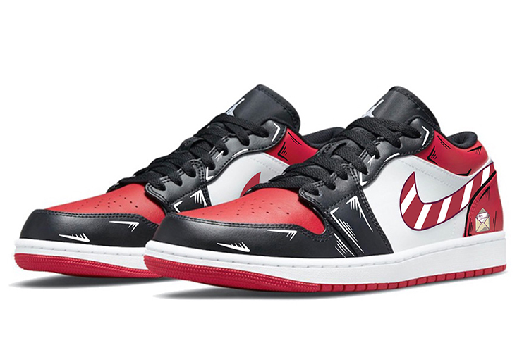 Lookbook 【訂製球鞋】Air Jordan 1 Low "Bred Toe" 達芬奇訂製 聖誕夜 二次元 塗鴉 糖果 情侶 黑紅腳趾 低幫籃球鞋 男女同款 黑紅
