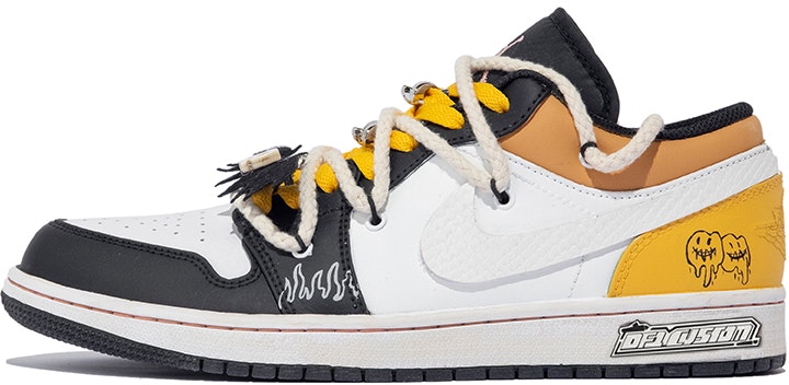 custom-shoes-air-jordan-1-low-da-vinci-custom-graffiti-white-yellow-black