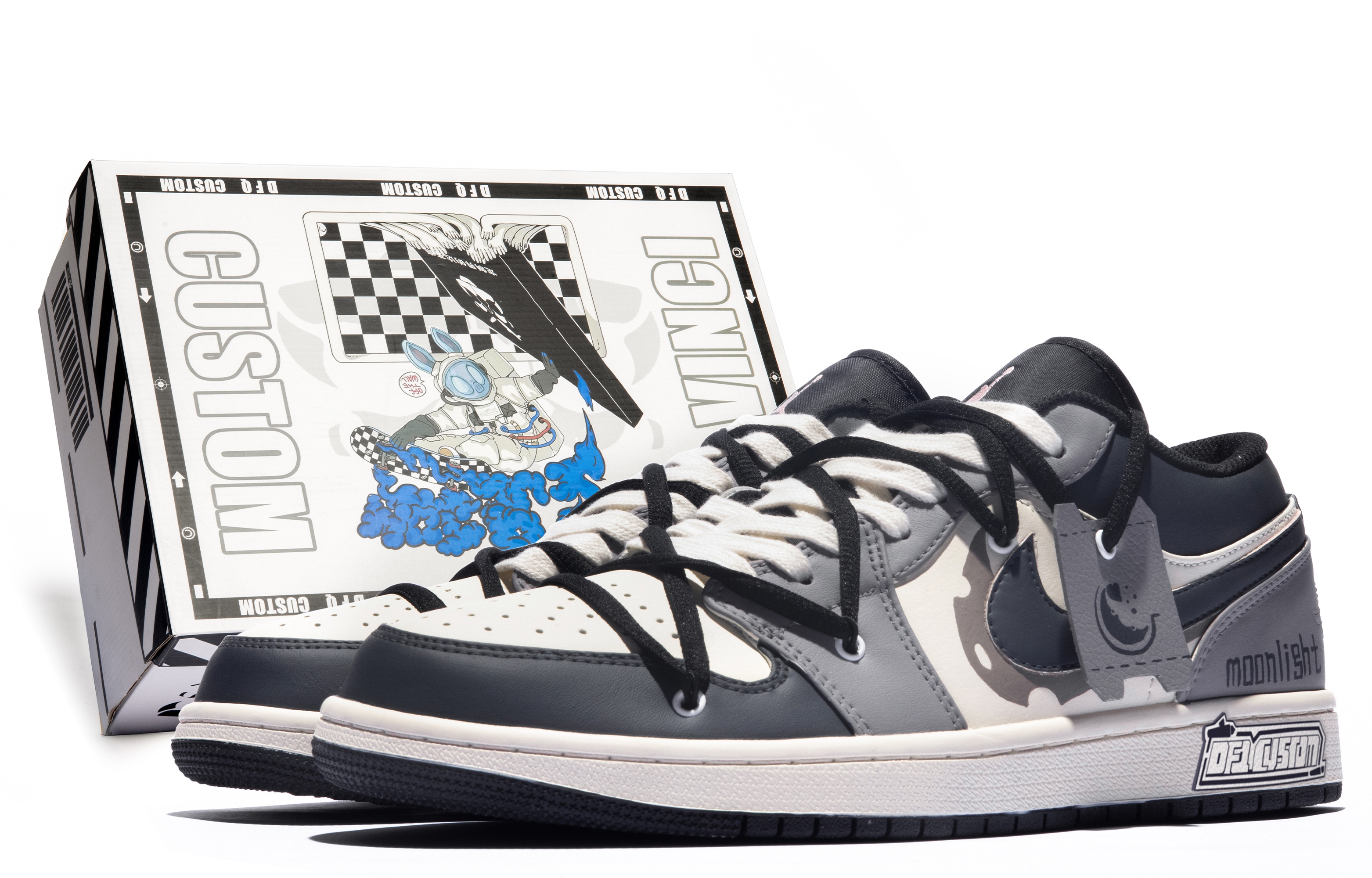 Buy [Kasut Custom] Air Jordan 1 Low 'Da Vinci Moon Hitam-Kelabu-Beige Vintage' 553560-062(TeamM-女款月色S-BOX)