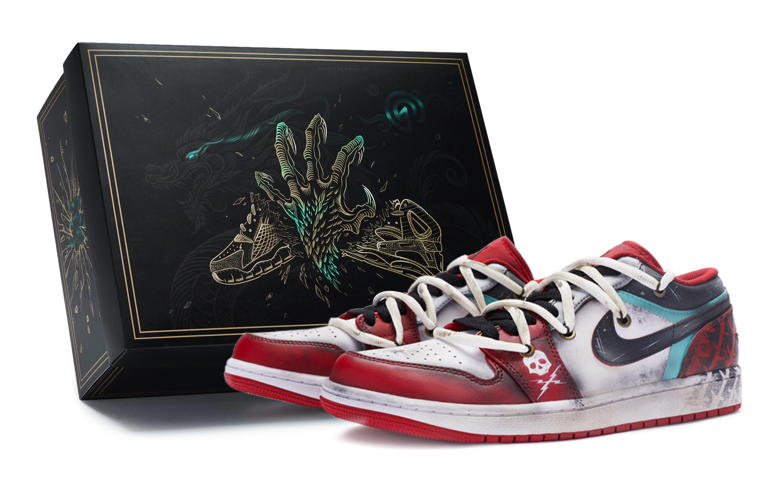 Buy Air Jordan 1 Low Personalizadas "Death Proof" 553560-163(TeamR-死亡证据女黑红S-BOX)