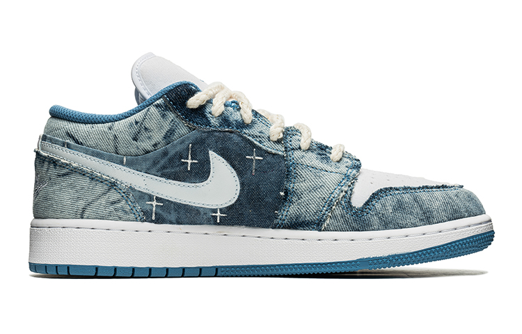 Order 【訂製球鞋】Jordan Air Jordan 1 Low 野鶴製造 丹寧 牛仔貼布 五角星 低筒 復古籃球鞋 GS 白色