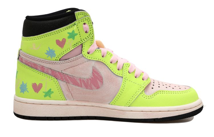 Lookbook [カスタムシューズ] エアジョーダン1 ロー 'ドーパミングラフィティハート' 555088-702(Team拾玖-荧光绿涂鸦S-BOX)