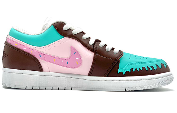Order オーダーメイドシューズ】エアジョーダン1 ロウ「ドーナツグリーンピンクブラウン」 553560-130(TeamD-美食主题女款甜甜圈绿粉棕)