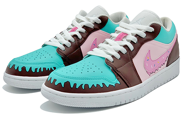 Lookbook オーダーメイドシューズ】エアジョーダン1 ロウ「ドーナツグリーンピンクブラウン」 553560-130(TeamD-美食主题女款甜甜圈绿粉棕)