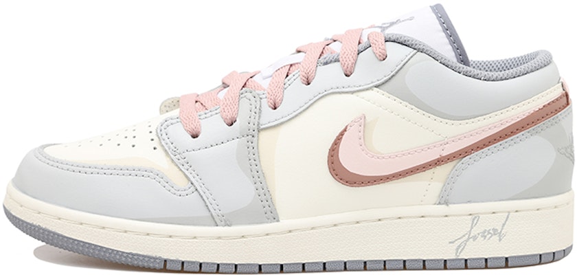 【訂製籃球鞋】Jordan Air Jordan 1 low OKHR 清新 字母 化石玫瑰 防滑耐磨 低筒 復古籃球鞋 GS 灰米白 Buy 【訂製籃球鞋】Jordan Air Jordan 1 low OKHR 清新 字母 化石玫瑰 防滑耐磨 低筒 復古籃球鞋 GS 灰米白