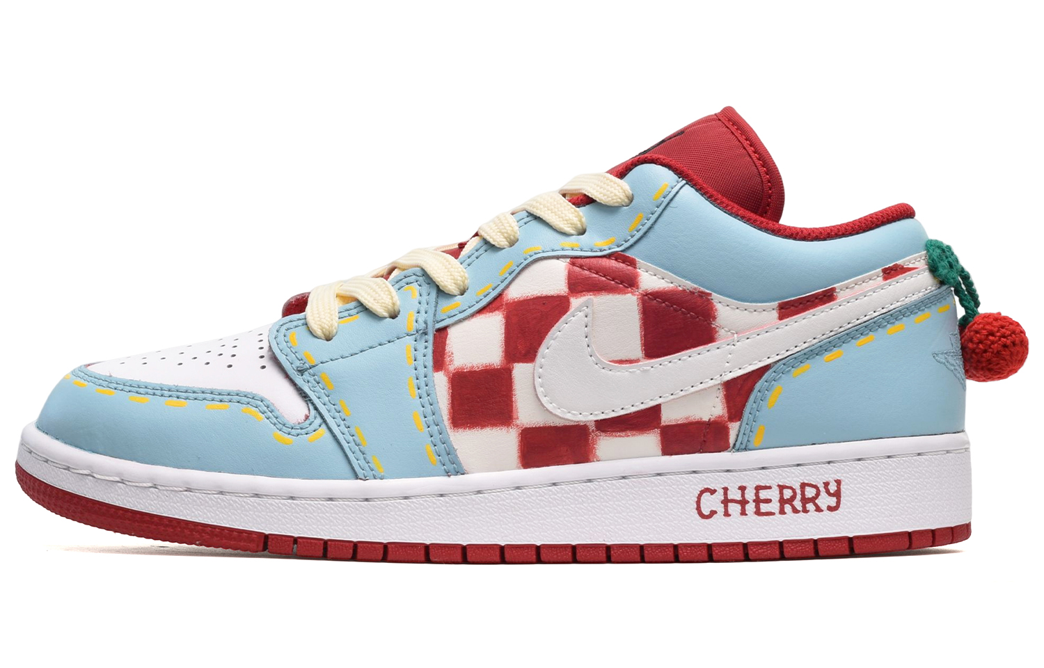 Buy [定制鞋] 手绘棋盘樱桃红白蓝 Air Jordan 1 Low 553558-163(TeamE-男款樱桃红白蓝)