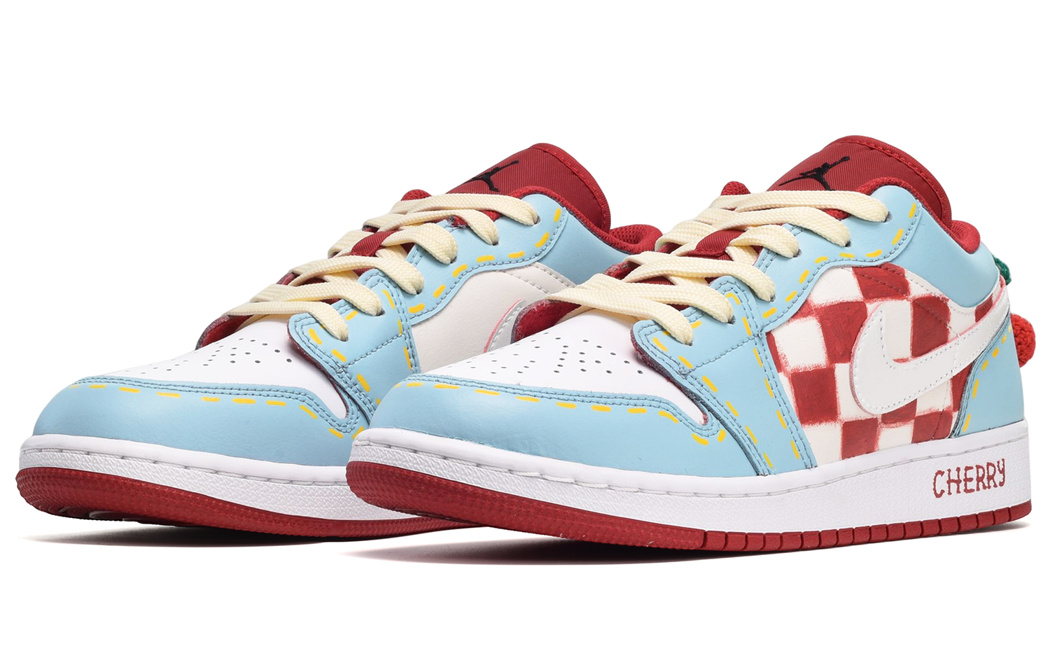 Lookbook [定制鞋] 手绘棋盘樱桃红白蓝 Air Jordan 1 Low 553558-163(TeamE-男款樱桃红白蓝)