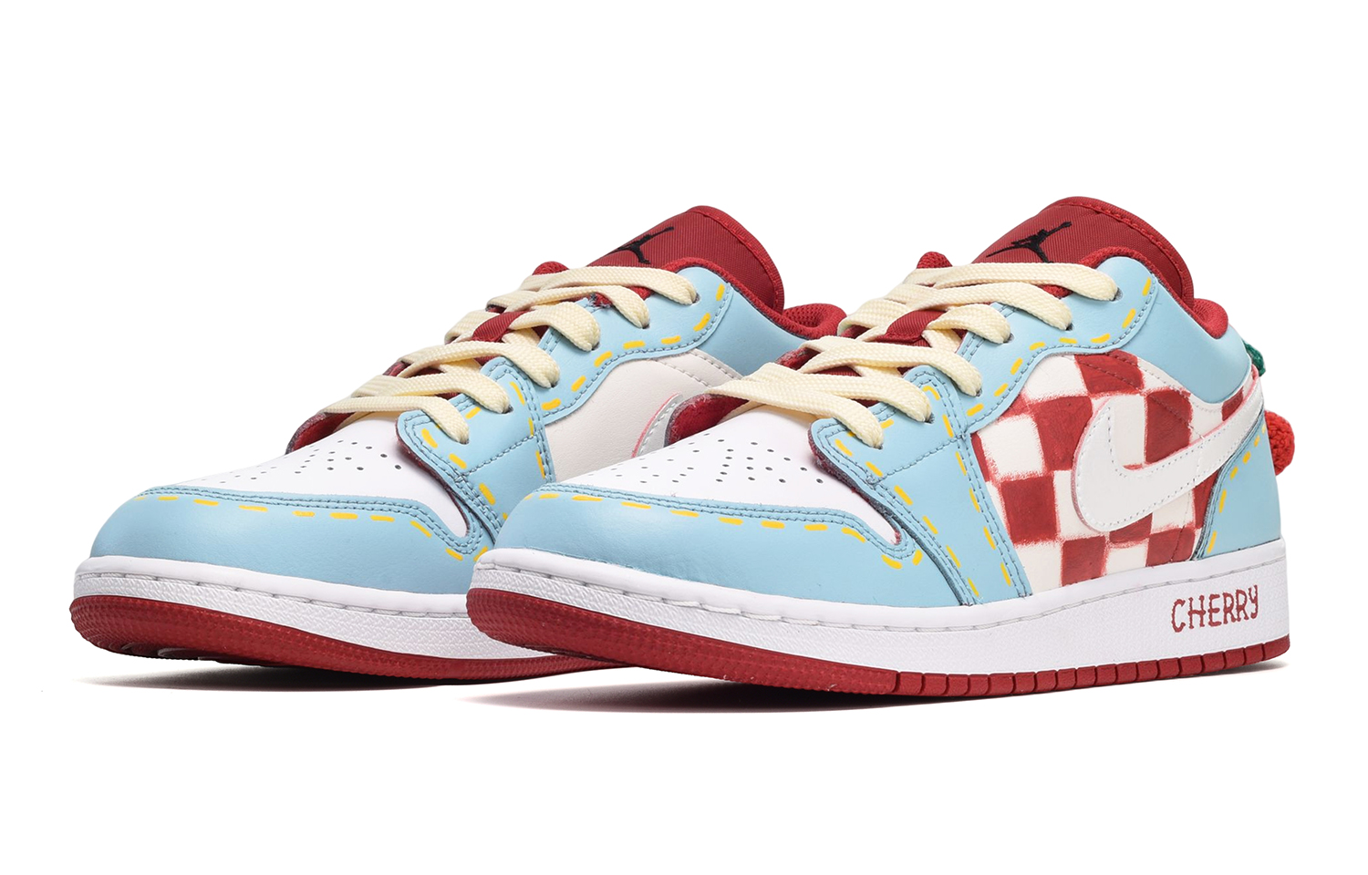 Lookbook [Kasut Custom] Air Jordan 1 Low 'Lukisan Tangan Merah-Ceri-Putih-Biru' 553560-163(TeamE-女款樱桃红白蓝)