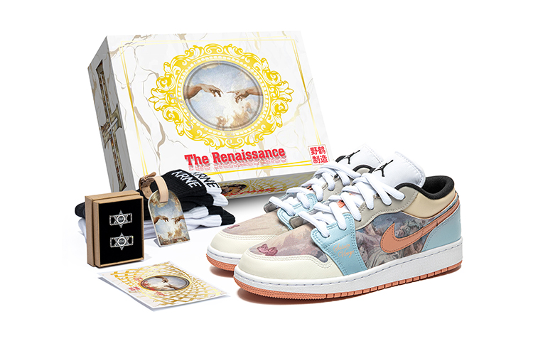 Buy 【定製球鞋】 Jordan Air Jordan 1 Low 野鶴製造 復古油畫風主題 印象派 低幫 復古籃球鞋 GS 藍粉 禮盒版