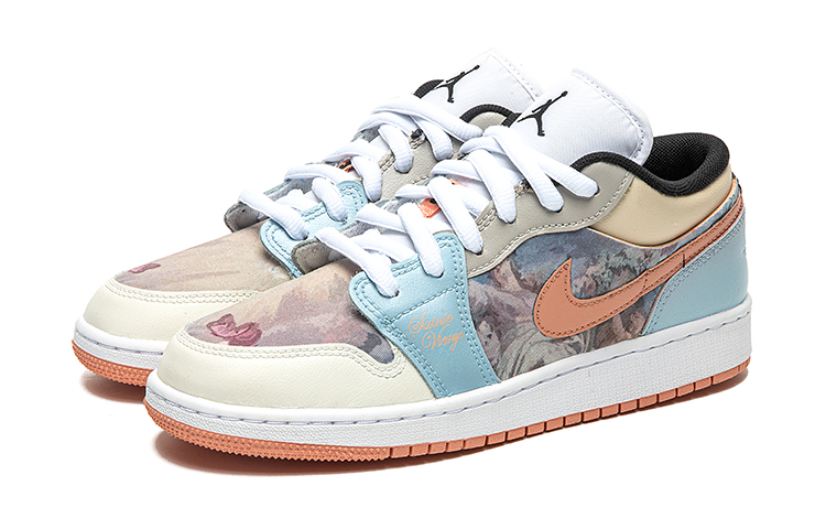 Shop 【定製球鞋】 Jordan Air Jordan 1 Low 野鶴製造 復古油畫風主題 印象派 低幫 復古籃球鞋 GS 藍粉 禮盒版