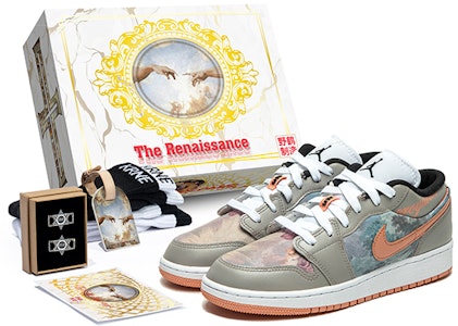 【客製化球鞋】Jordan Air Jordan 1 Low 野鶴製造 油畫風主題 印象派 低筒 復古籃球鞋 GS 灰粉 特殊禮盒版 Buy 【客製化球鞋】Jordan Air Jordan 1 Low 野鶴製造 油畫風主題 印象派 低筒 復古籃球鞋 GS 灰粉 特殊禮盒版