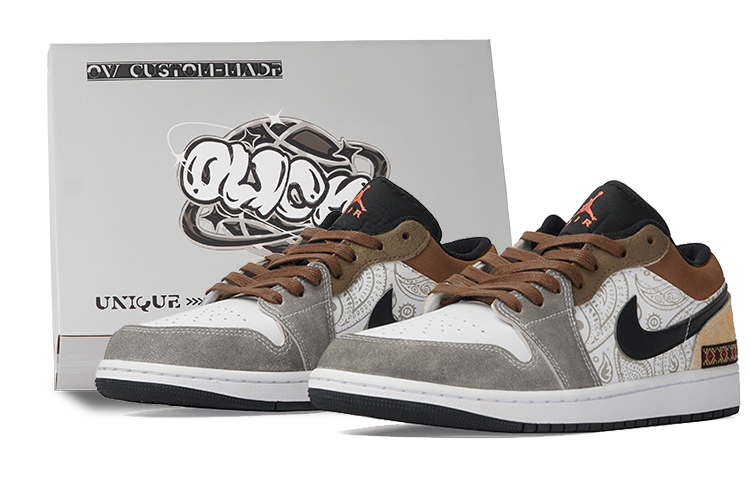 Buy 【訂製球鞋】Jordan Air Jordan 1 低筒 皮革 印地安部落 民族 圖騰 神秘 鴛鴦反毛皮料 防滑耐磨 復古籃球鞋 男款 灰白棕