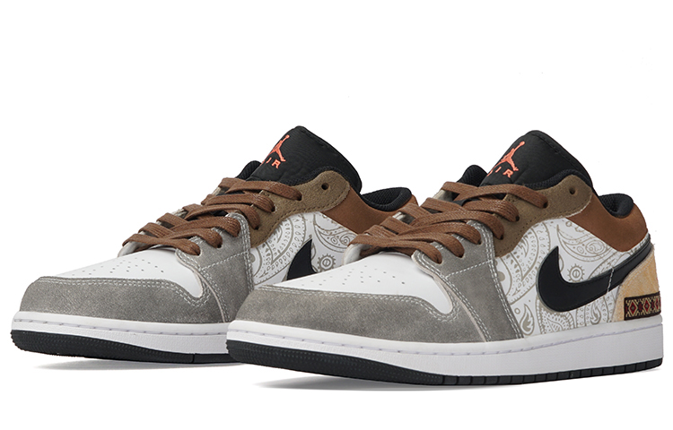 Shop 【訂製球鞋】Jordan Air Jordan 1 低筒 皮革 印地安部落 民族 圖騰 神秘 鴛鴦反毛皮料 防滑耐磨 復古籃球鞋 男款 灰白棕