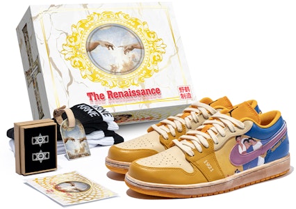 【定製球鞋】Jordan Air Jordan 1 Low 野鶴製造 油畫主題 人像風 鞋底做舊 低幫 復古籃球鞋 男款 白黃 Buy 【定製球鞋】Jordan Air Jordan 1 Low 野鶴製造 油畫主題 人像風 鞋底做舊 低幫 復古籃球鞋 男款 白黃