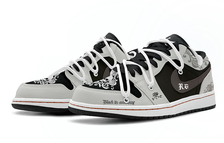 Lookbook [Kasut Custom] Air Jordan 1 Low 'Rose Skull Hitam Putih' 553558-062(TeamK-绝望之巅)