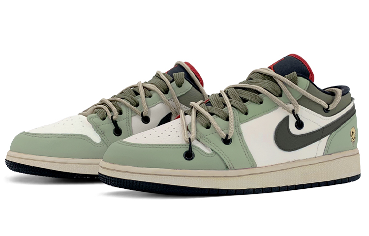 Shop 【定制球鞋】 Jordan Air Jordan 1 Low 解構鞋帶推薦 復古做舊 笑臉骷髏頭 低幫 復古籃球鞋 GS 墨綠