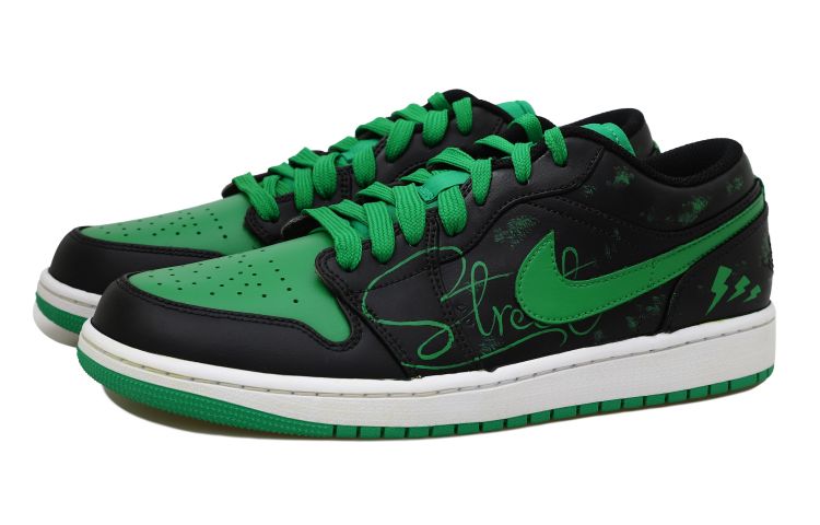 Shop [Kasut Rekaan Sendiri] Air Jordan 1 Low 'Grafiti Kilat Jalan Hitam Hijau' 553558-065(Team拾玖-街头闪电S-BOX)