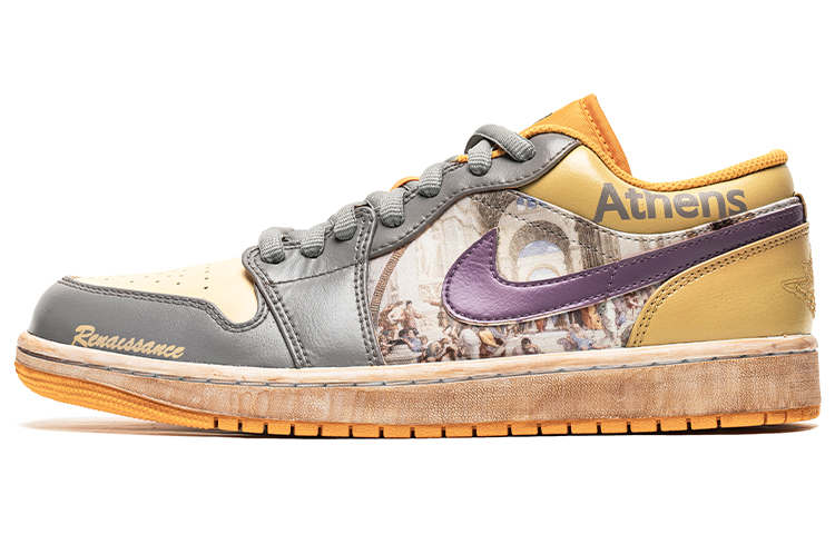 Order 【客製化運動鞋】 Jordan Air Jordan 1 Low 野鶴製造 復古油畫主題 雅典學院 鞋底做舊 低筒 復古籃球鞋 男款 白黃