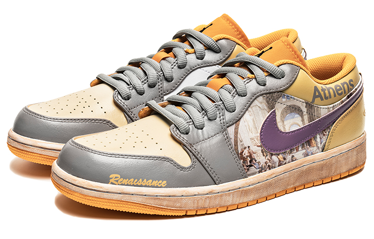 Shop 【客製化運動鞋】 Jordan Air Jordan 1 Low 野鶴製造 復古油畫主題 雅典學院 鞋底做舊 低筒 復古籃球鞋 男款 白黃