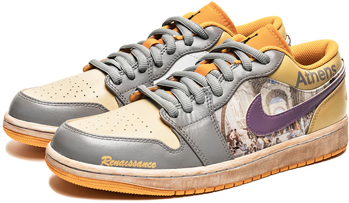 【客製化運動鞋】 Jordan Air Jordan 1 Low 野鶴製造 復古油畫主題 雅典學院 鞋底做舊 低筒 復古籃球鞋 男款 白黃 Shop 【客製化運動鞋】 Jordan Air Jordan 1 Low 野鶴製造 復古油畫主題 雅典學院 鞋底做舊 低筒 復古籃球鞋 男款 白黃