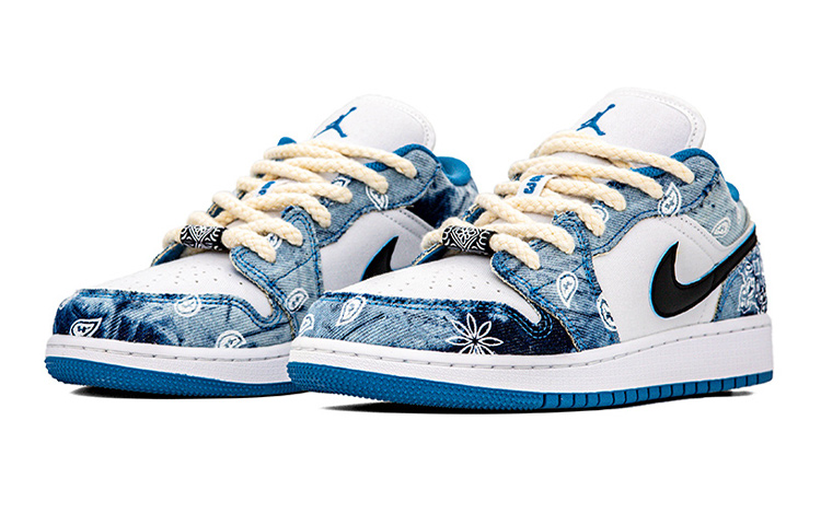 Lookbook 【定制球鞋】Jordan Air Jordan 1 Low "Washed Denim" 丹寧 水洗 牛仔布 腰果花 麻繩 休閒 低幫 復古籃球鞋 GS 白藍