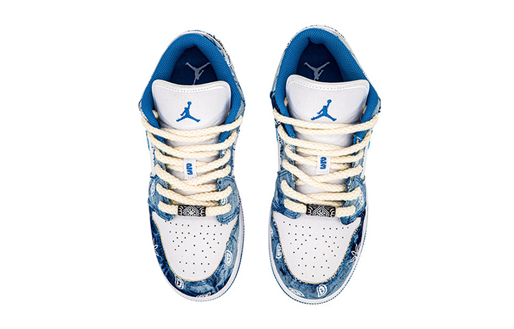 Shop 【定制球鞋】Jordan Air Jordan 1 Low "Washed Denim" 丹寧 水洗 牛仔布 腰果花 麻繩 休閒 低幫 復古籃球鞋 GS 白藍