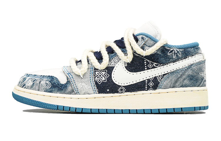 Buy 【定制球鞋】Jordan Air Jordan 1 Low 牛仔腰果花 丹寧 街頭 麻繩 禮物 低幫 復古籃球鞋 GS 水洗藍