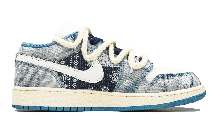 Order 【定制球鞋】Jordan Air Jordan 1 Low 牛仔腰果花 丹寧 街頭 麻繩 禮物 低幫 復古籃球鞋 GS 水洗藍