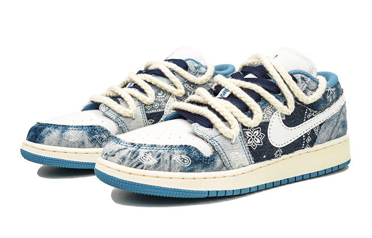 Lookbook 【定制球鞋】Jordan Air Jordan 1 Low 牛仔腰果花 丹寧 街頭 麻繩 禮物 低幫 復古籃球鞋 GS 水洗藍
