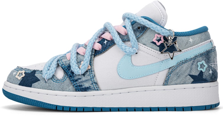 【定製籃球鞋】Jordan Air Jordan 1 水洗單寧 牛仔布 布貼星星 解構雙鞋帶 低筒 復古籃球鞋 GS 白藍 Buy 【定製籃球鞋】Jordan Air Jordan 1 水洗單寧 牛仔布 布貼星星 解構雙鞋帶 低筒 復古籃球鞋 GS 白藍