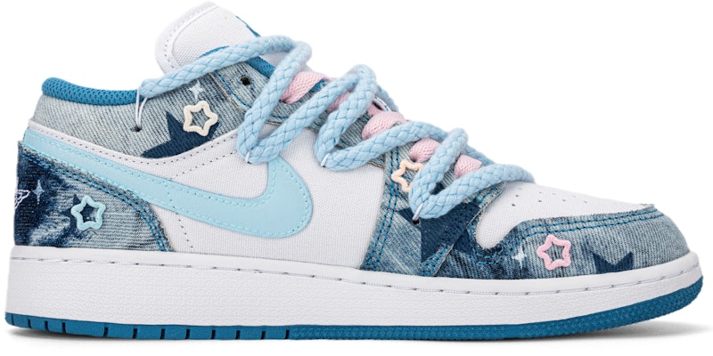 【定製籃球鞋】Jordan Air Jordan 1 水洗單寧 牛仔布 布貼星星 解構雙鞋帶 低筒 復古籃球鞋 GS 白藍 Order 【定製籃球鞋】Jordan Air Jordan 1 水洗單寧 牛仔布 布貼星星 解構雙鞋帶 低筒 復古籃球鞋 GS 白藍
