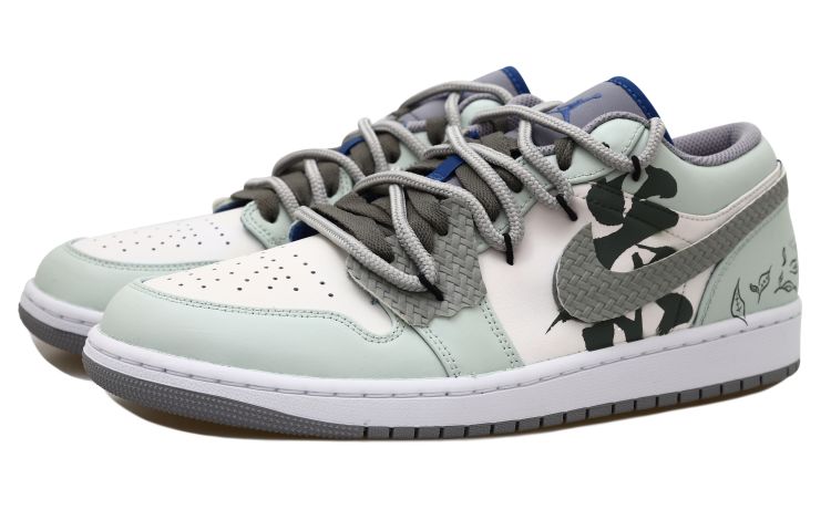 Shop 【定制球鞋】Jordan Air Jordan 1 Low OKHR 中國風 西湖龍井 茶葉 編織貼 麻繩 解構風 低幫 復古籃球鞋 GS 米綠