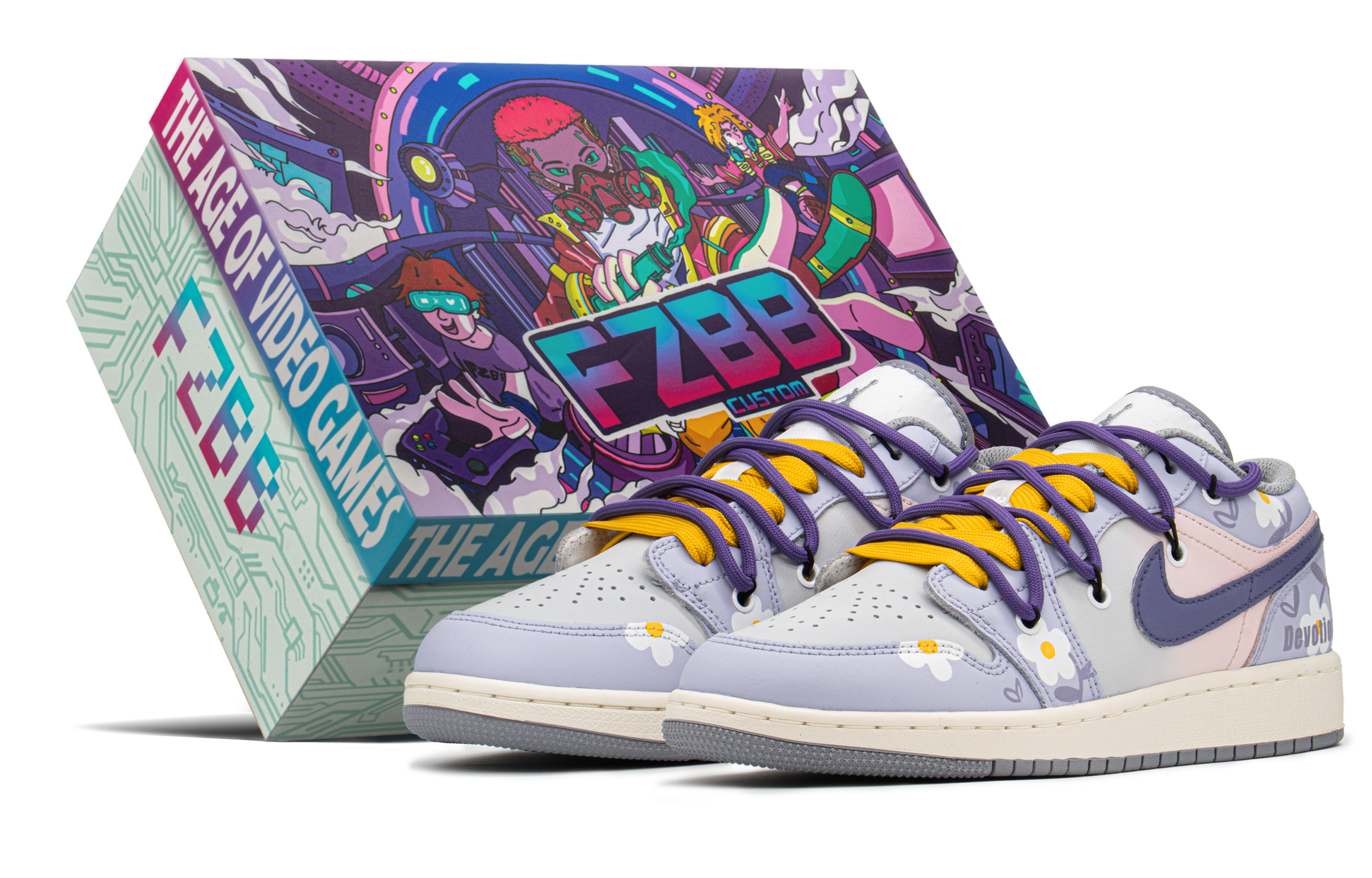 Buy 【定制球鞋】Jordan Air Jordan 1 FZBB 雛菊 特殊禮盒 解構鞋帶 低幫 復古籃球鞋 GS 黃紫