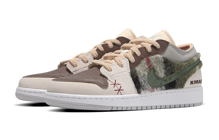 Lookbook [Kasut Custom] Air Jordan 1 Low SE Craft 'Christmas Patchwork Coklat Hijau' DQ3727-100(Teamfour-女款圣诞格子绿)