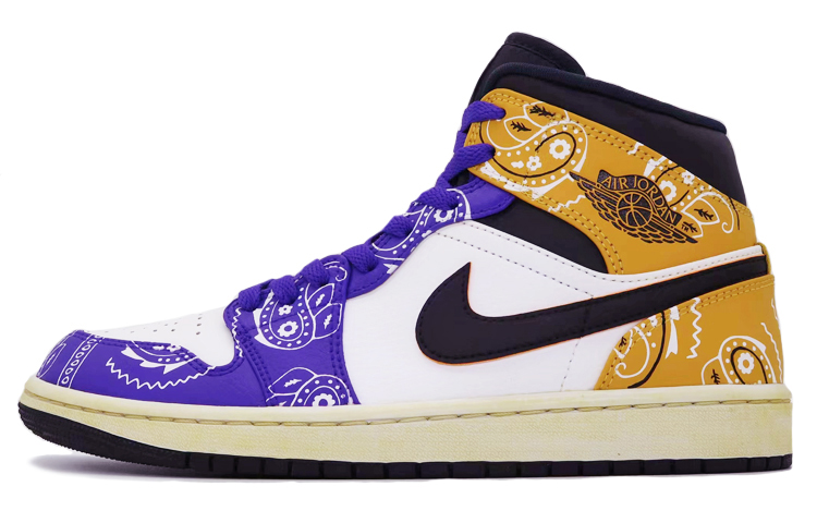 Buy [定制鞋] Air Jordan 1 Mid '陈旧腰果花紫黄' 554724-170(Team肆-男款喷绘紫金腰果花)