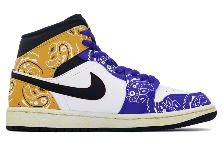 Order [定制鞋] Air Jordan 1 Mid '陈旧腰果花紫黄' 554724-170(Team肆-男款喷绘紫金腰果花)