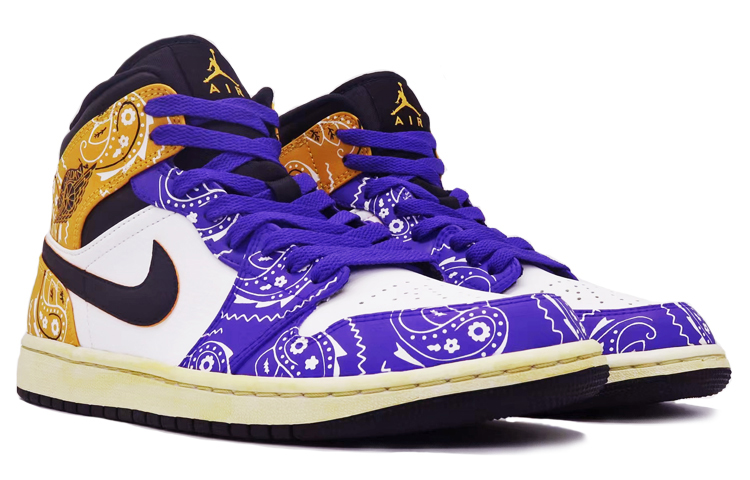 Lookbook [定制鞋] Air Jordan 1 Mid '陈旧腰果花紫黄' 554724-170(Team肆-男款喷绘紫金腰果花)